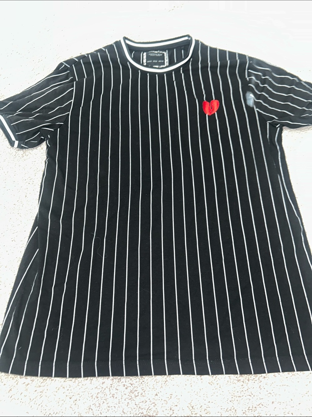 Cactus man Black Pinstripe Short Sleeve Tee with Red Heart Accent